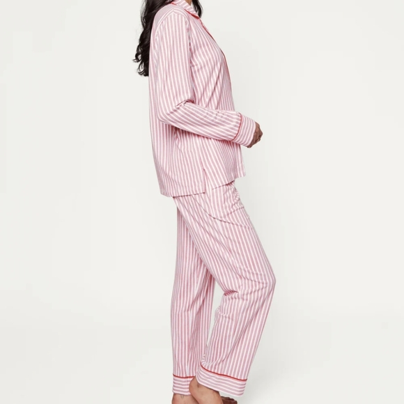 Petite Plume Pima Pajama Set In Antique Red Size Large Striped Embroidered EUC - Picture 2 of 16
